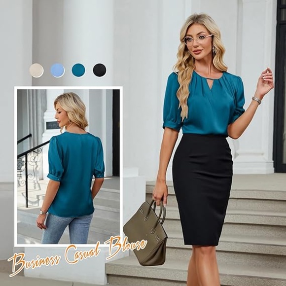 Blooming Jelly Women's Dressy Business Casual Blouses Silk Puff Sleeve Tops Summ - Picture 4 of 5